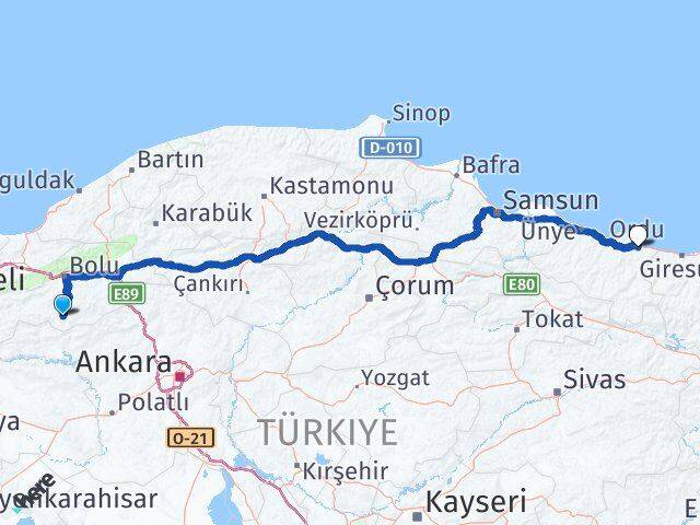 Bolu Seben Ordu Arası Kaç Km - Yol Haritası