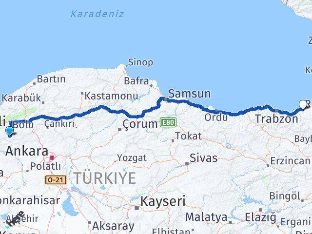 Bolu Seben Rize Arası Kaç Km - Yol Haritası