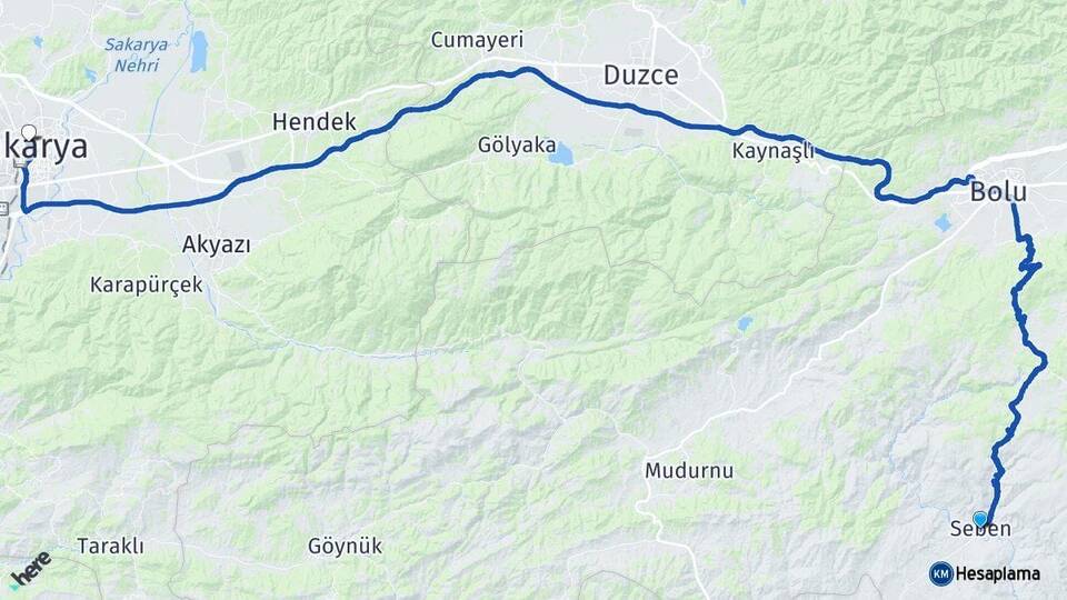 Bolu Seben Sakarya Arası Kaç Km - Yol Haritası
