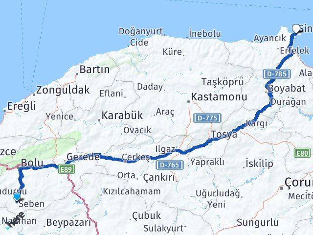 Bolu Seben Sinop Arası Kaç Km - Yol Haritası