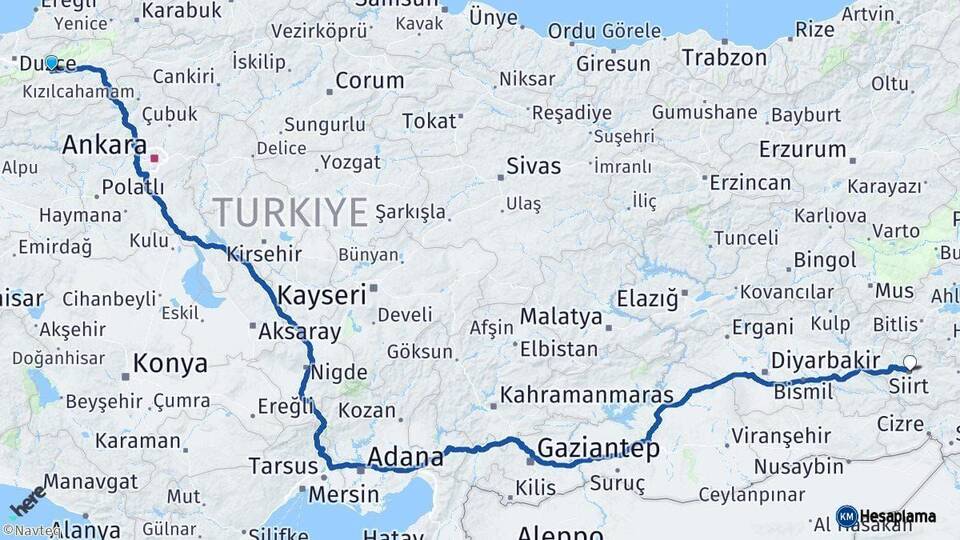 Bolu Siirt Arası Kaç Km - Yol Haritası