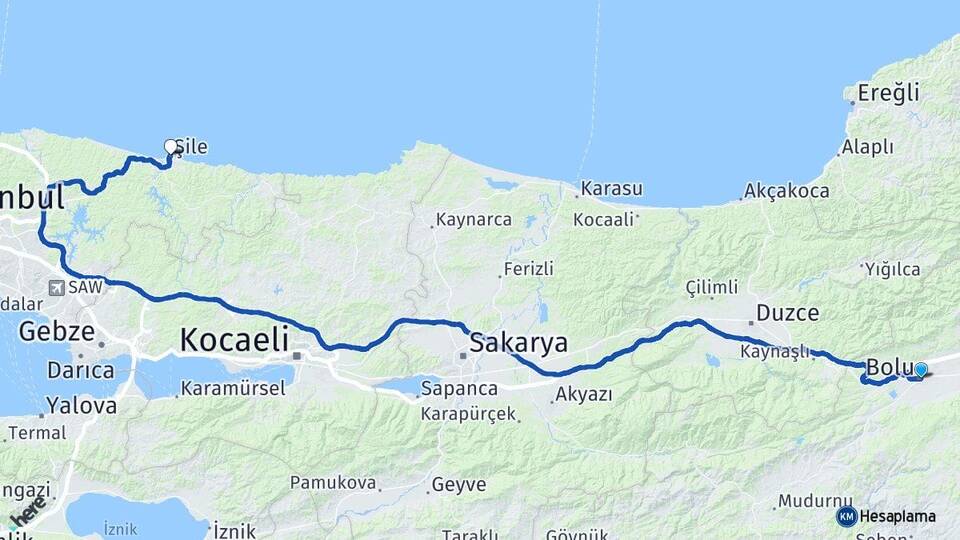 Bolu Şile İstanbul Arası Kaç Km - Yol Haritası