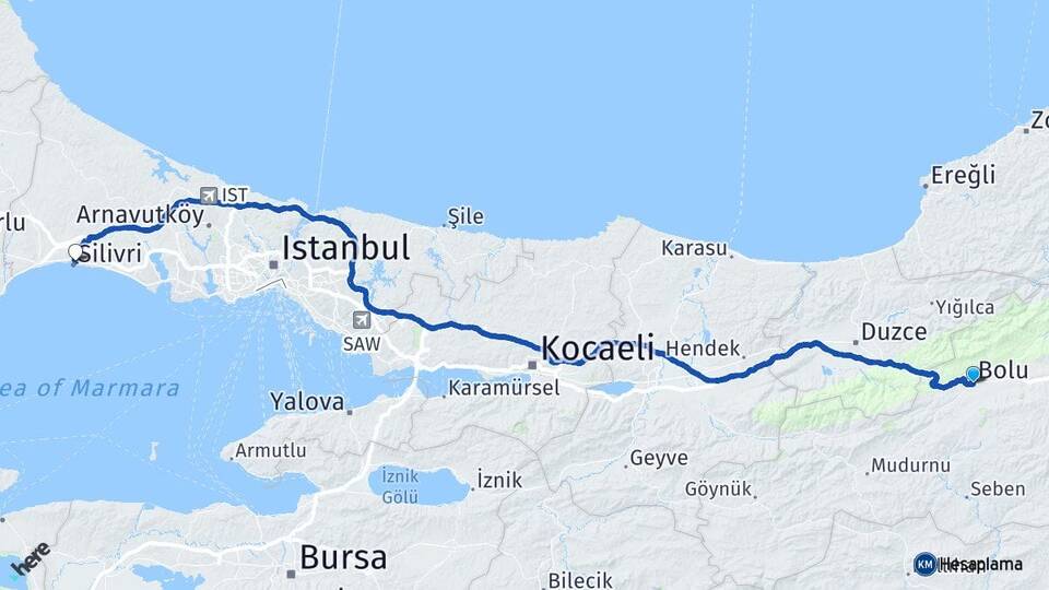 Bolu Silivri İstanbul Arası Kaç Km - Yol Haritası
