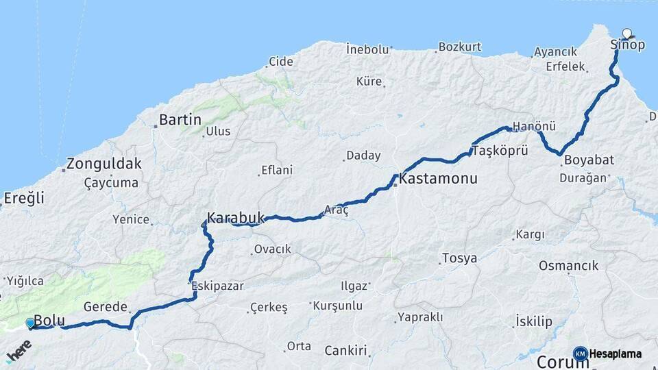 Bolu Sinop Arası Kaç Km - Yol Haritası