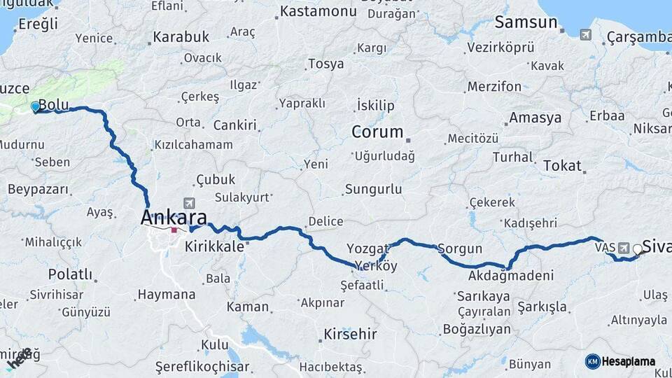 Bolu Sivas Arası Kaç Km - Yol Haritası