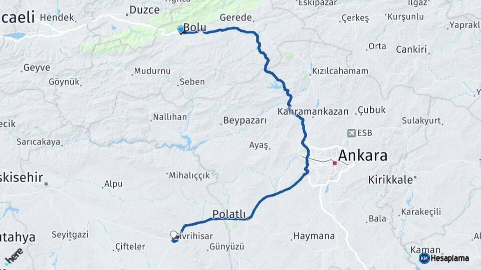 Bolu Sivrihisar Eskişehir Arası Kaç Km - Yol Haritası