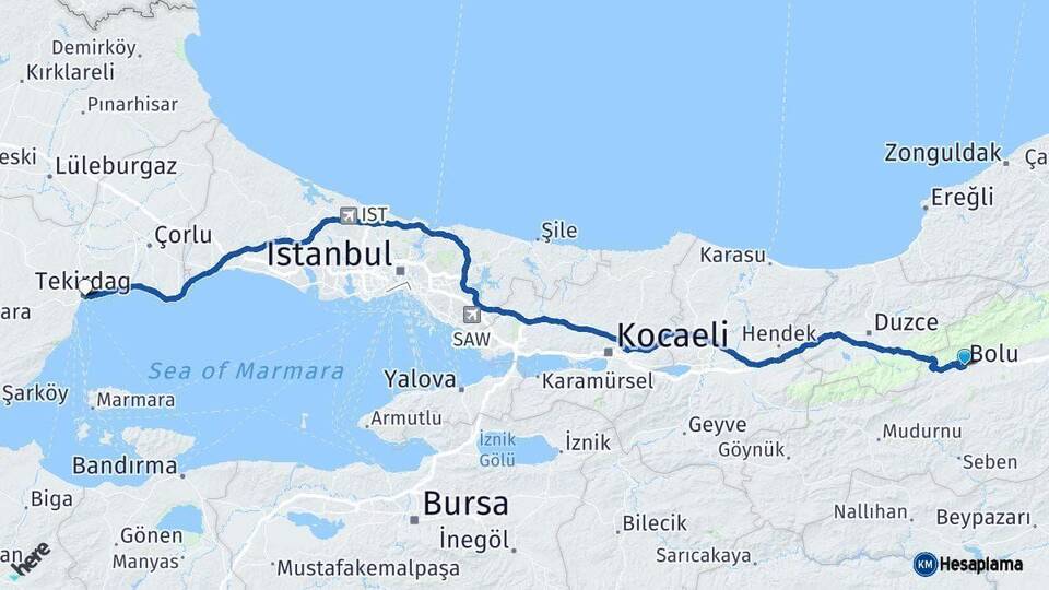 Bolu Tekirdağ Arası Kaç Km - Yol Haritası