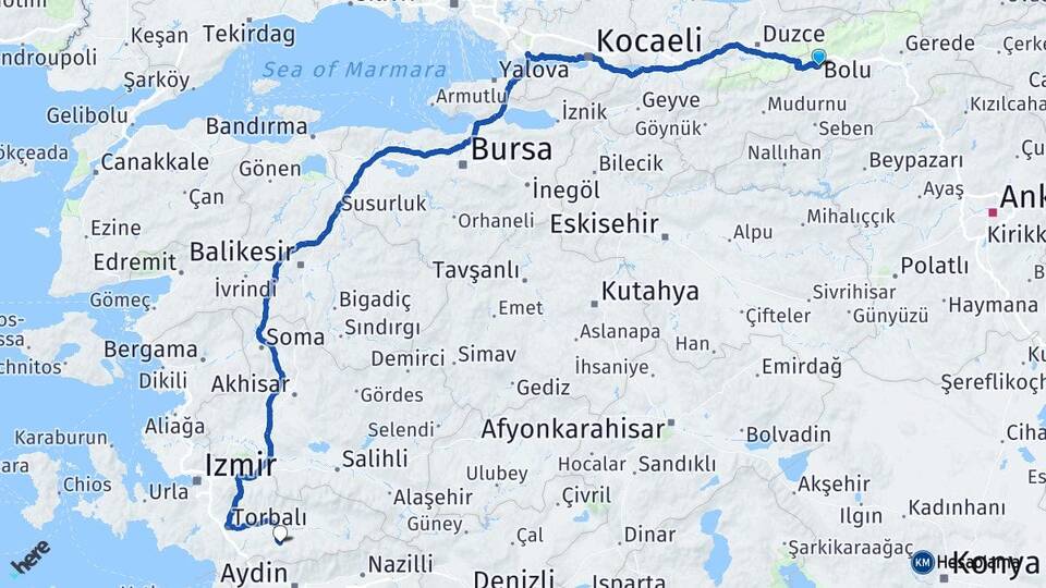 Bolu Tire İzmir Arası Kaç Km - Yol Haritası