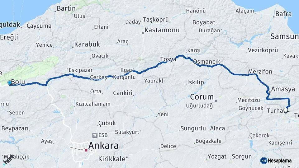 Bolu Turhal Tokat Arası Kaç Km - Yol Haritası