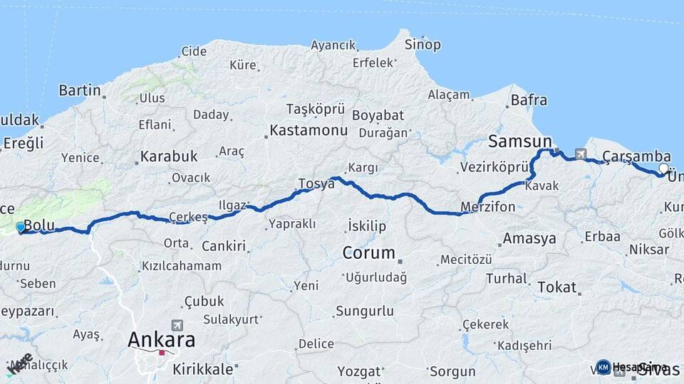 Bolu Ünye Ordu Arası Kaç Km - Yol Haritası