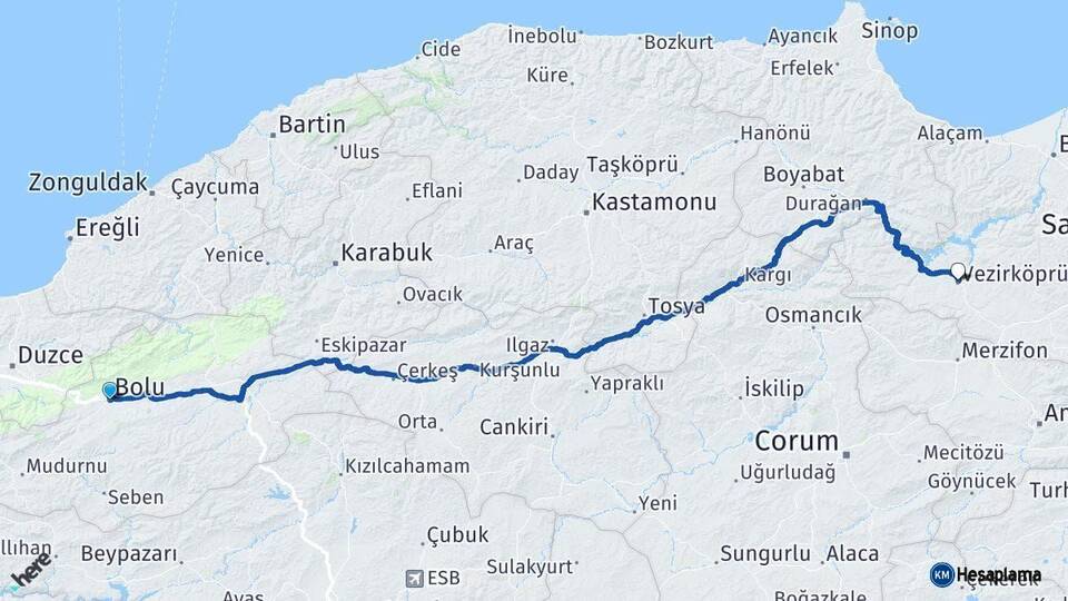 Bolu Vezirköprü Samsun Arası Kaç Km - Yol Haritası