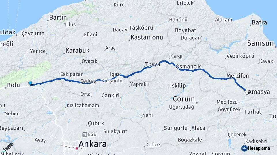 Bolu Yeniçağa Amasya Arası Kaç Km - Yol Haritası
