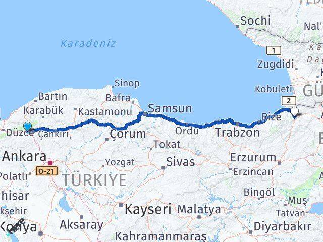 Bolu Yeniçağa Artvin Arası Kaç Km - Yol Haritası