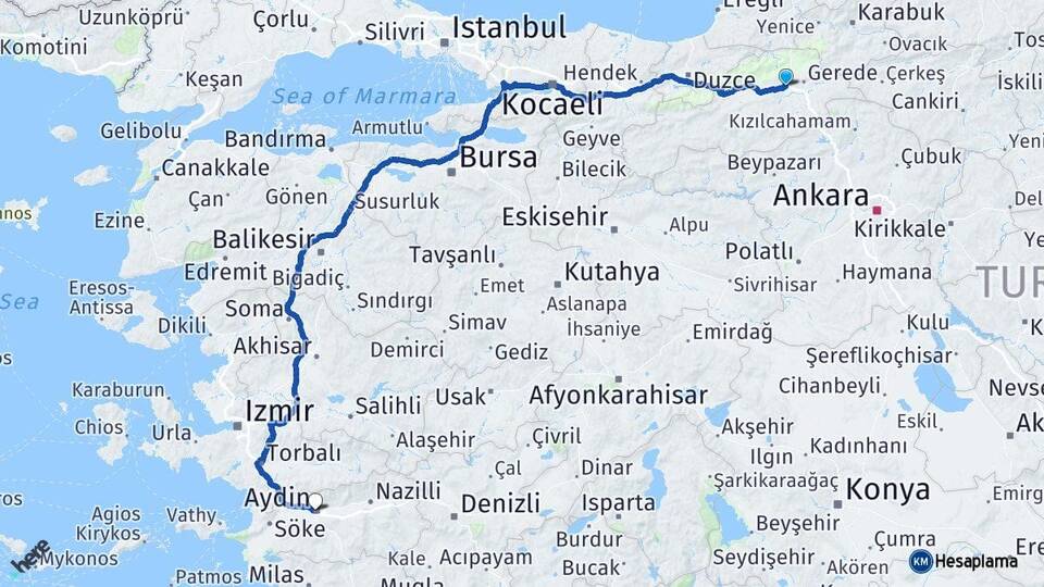 Bolu Yeniçağa Aydın Arası Kaç Km - Yol Haritası