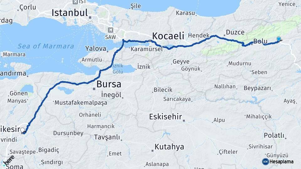 Bolu Yeniçağa Balıkesir Arası Kaç Km - Yol Haritası