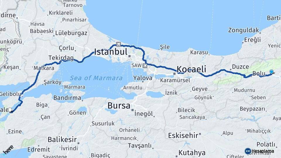 Bolu Yeniçağa Çanakkale Arası Kaç Km - Yol Haritası