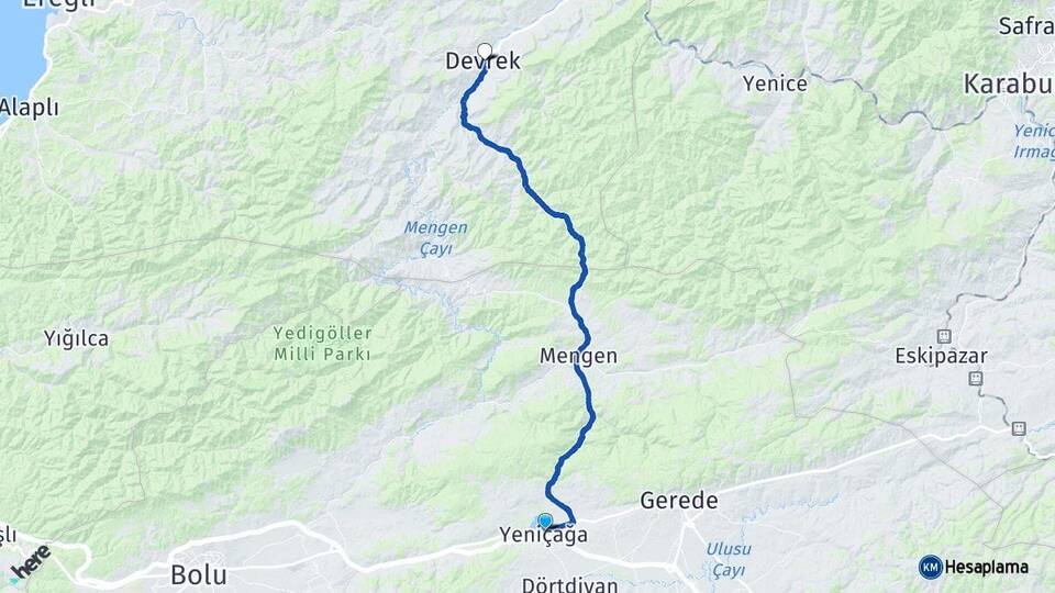 Bolu Yeniçağa Devrek Zonguldak Arası Kaç Km - Yol Haritası