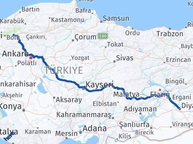 Bolu Yeniçağa Diyarbakır Arası Kaç Km - Yol Haritası
