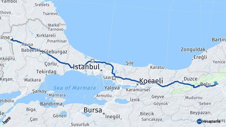 Bolu Yeniçağa Edirne Arası Kaç Km - Yol Haritası