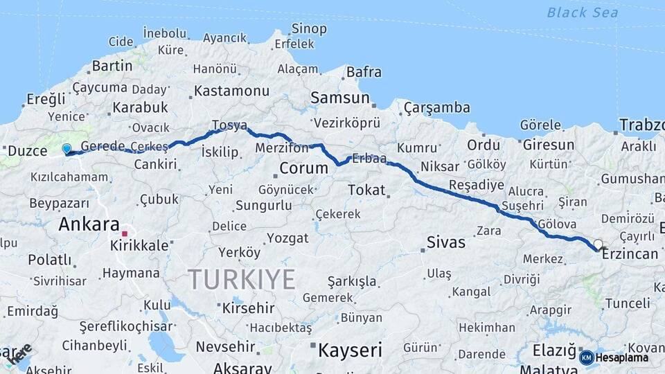 Bolu Yeniçağa Erzincan Arası Kaç Km - Yol Haritası