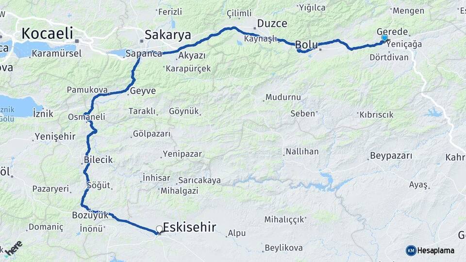 Bolu Yeniçağa Eskişehir Arası Kaç Km - Yol Haritası