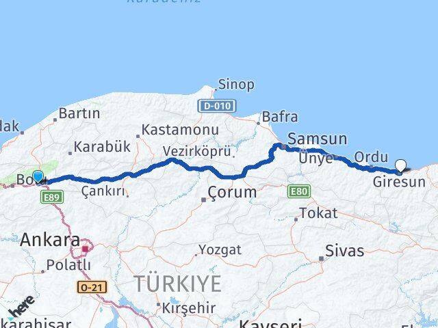 Bolu Yeniçağa Giresun Arası Kaç Km - Yol Haritası
