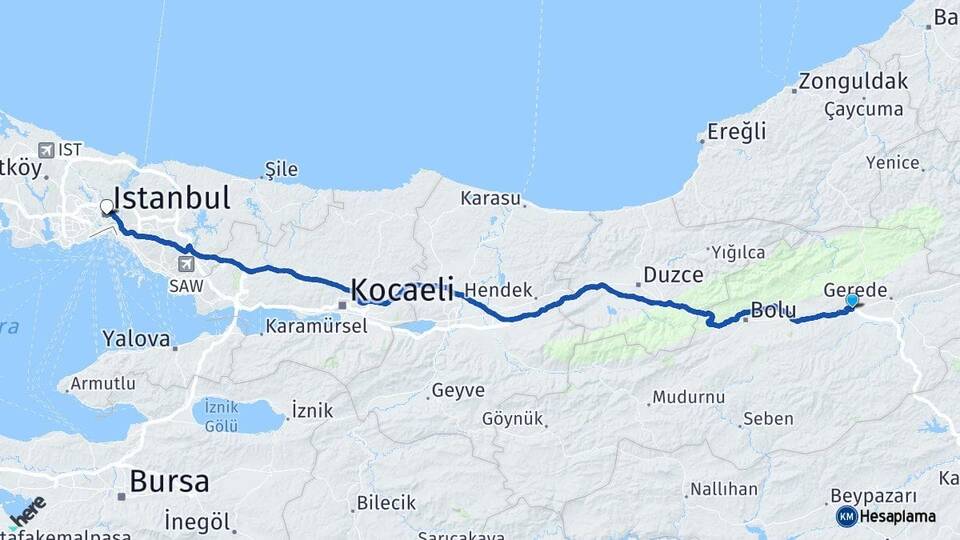Bolu Yeniçağa İstanbul Arası Kaç Km - Yol Haritası