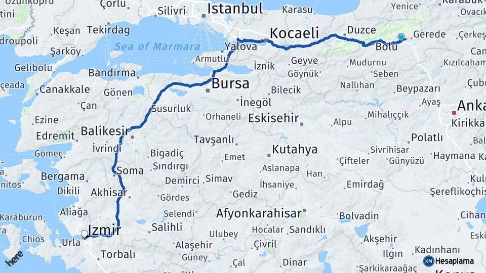 Bolu Yeniçağa İzmir Arası Kaç Km - Yol Haritası