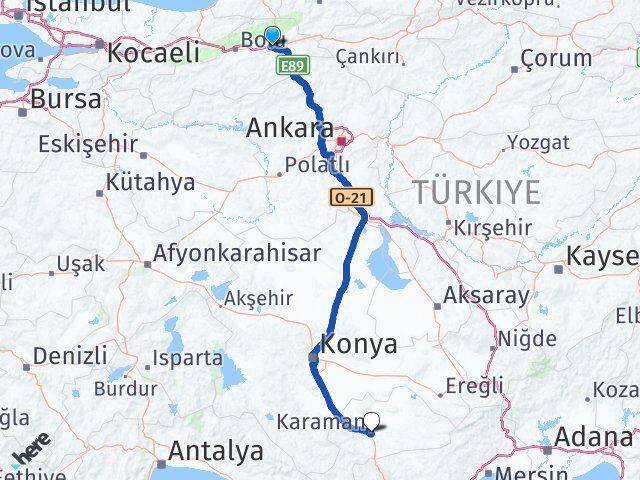 Bolu Yeniçağa Karaman Arası Kaç Km - Yol Haritası