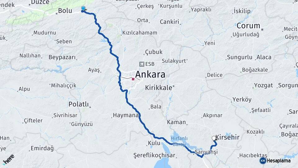 Bolu Yeniçağa Kırşehir Arası Kaç Km - Yol Haritası