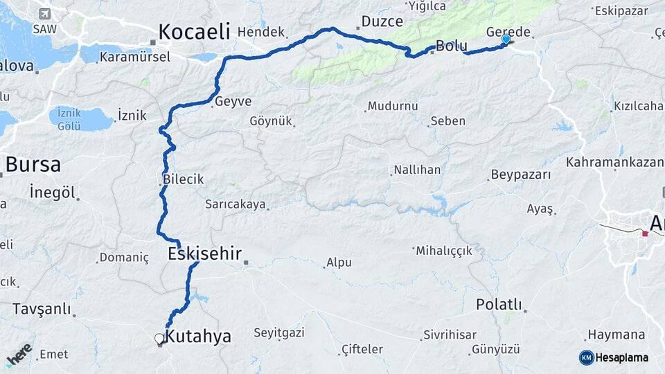 Bolu Yeniçağa Kütahya Arası Kaç Km - Yol Haritası