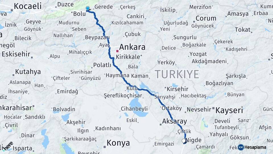 Bolu Yeniçağa Niğde Arası Kaç Km - Yol Haritası
