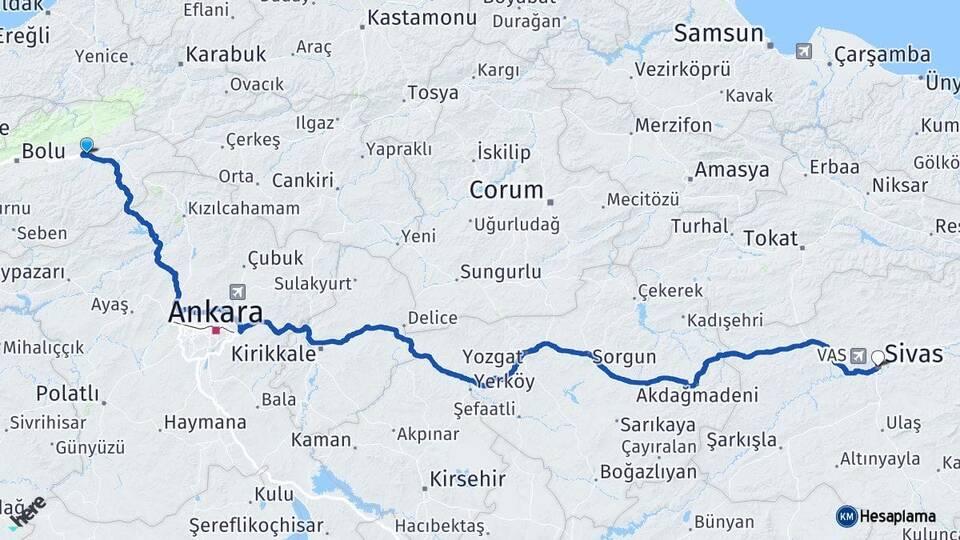 Bolu Yeniçağa Sivas Arası Kaç Km - Yol Haritası