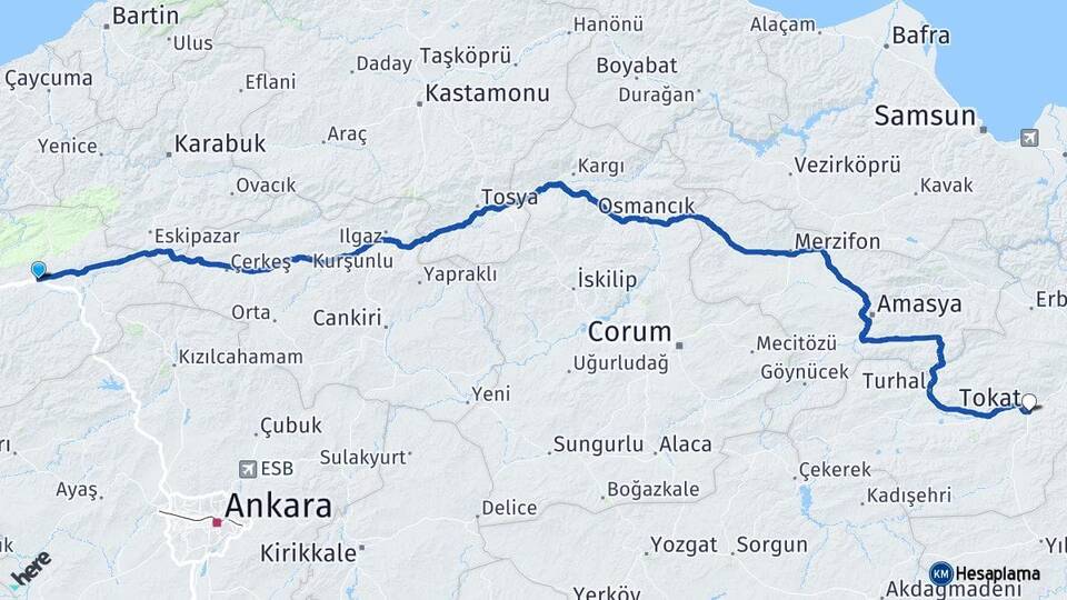 Bolu Yeniçağa Tokat Arası Kaç Km - Yol Haritası