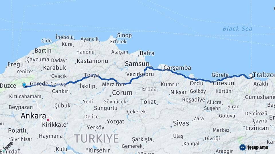Bolu Yeniçağa Trabzon Arası Kaç Km - Yol Haritası
