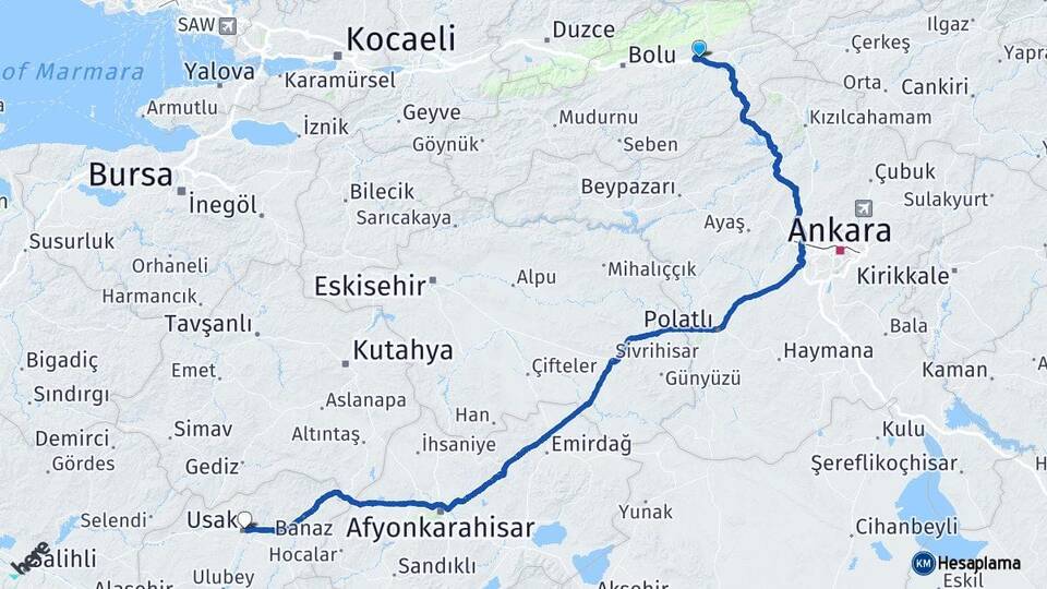 Bolu Yeniçağa Uşak Arası Kaç Km - Yol Haritası