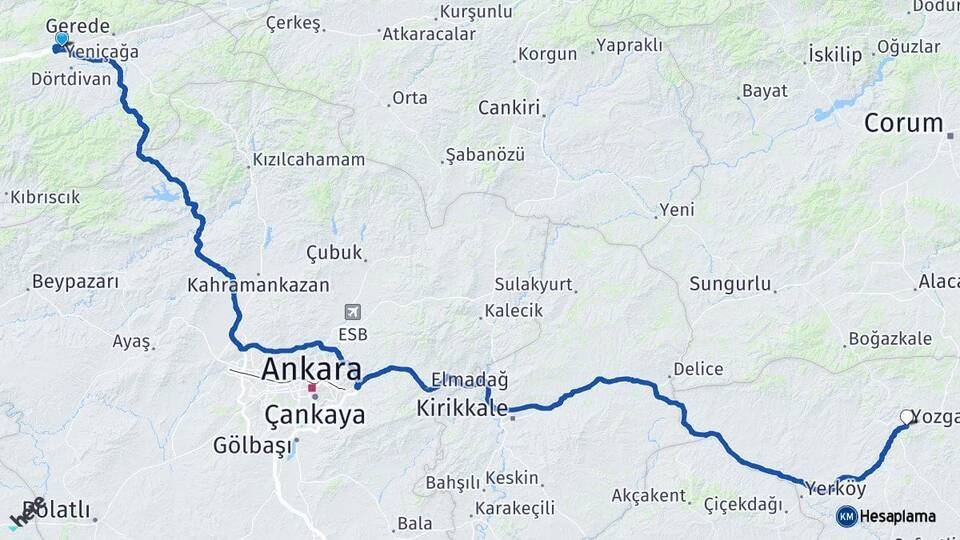 Bolu Yeniçağa Yozgat Arası Kaç Km - Yol Haritası