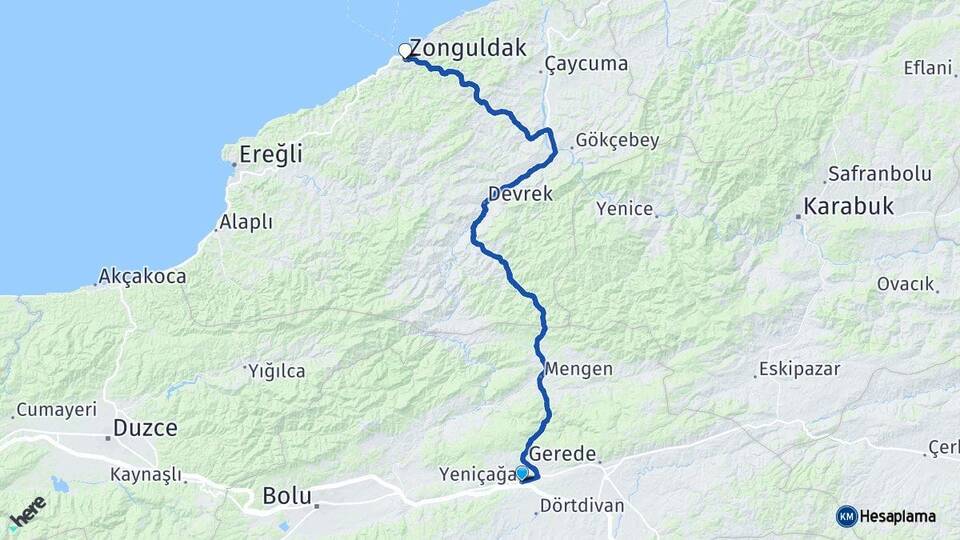 Bolu Yeniçağa Zonguldak Arası Kaç Km - Yol Haritası