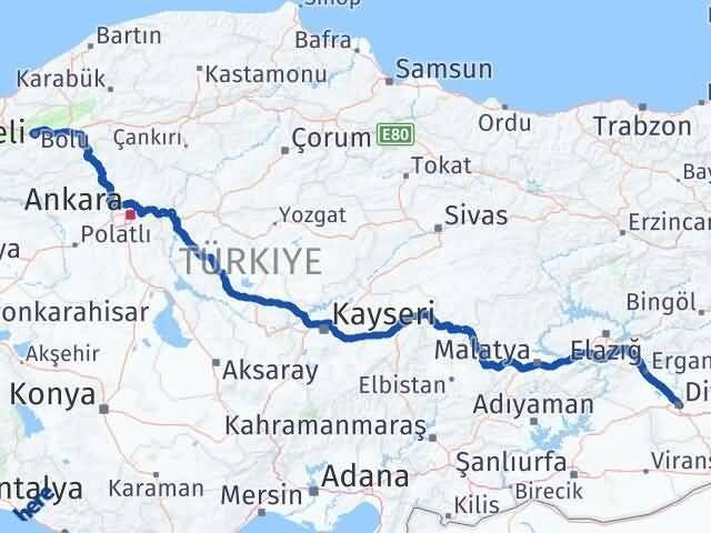 Bolu Yenişehir Diyarbakır Arası Kaç Km - Yol Haritası