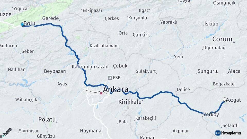 Bolu Yozgat Arası Kaç Km - Yol Haritası
