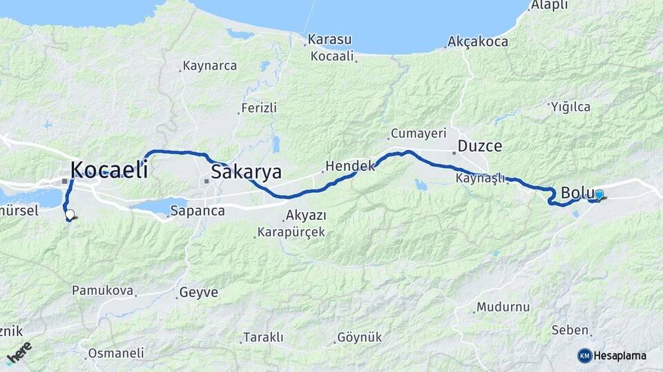 Bolu Yuvacık Yakacık Başiskele Kocaeli Arası Kaç Km - Yol Haritası