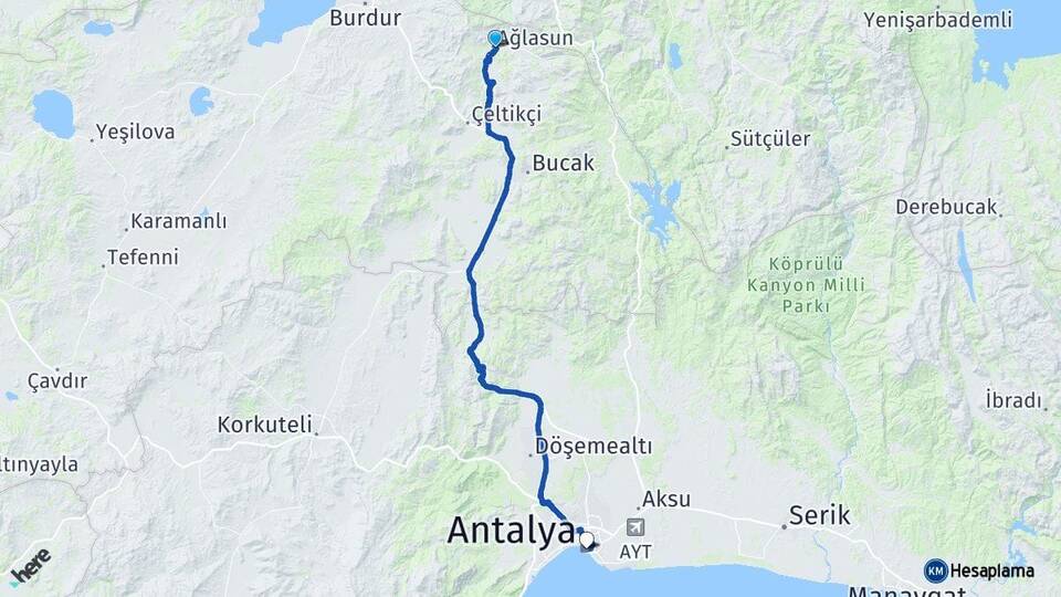 Burdur Ağlasun Antalya Arası Kaç Km - Yol Haritası
