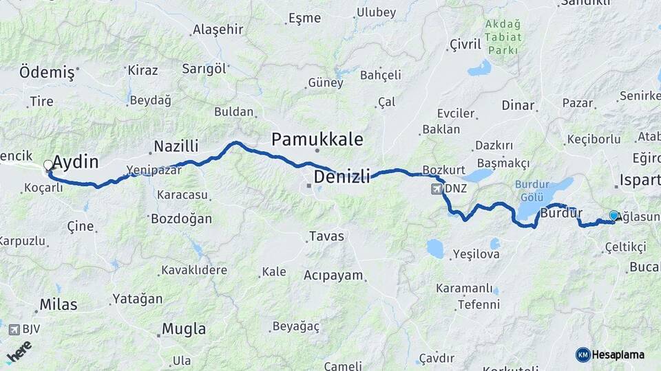 Burdur Ağlasun Aydın Arası Kaç Km - Yol Haritası