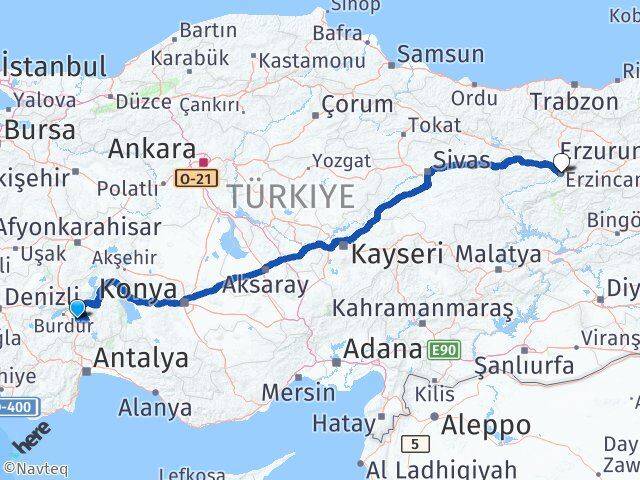 Burdur Ağlasun Erzincan Arası Kaç Km - Yol Haritası