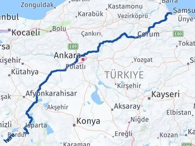 Burdur Ağlasun Samsun Arası Kaç Km - Yol Haritası