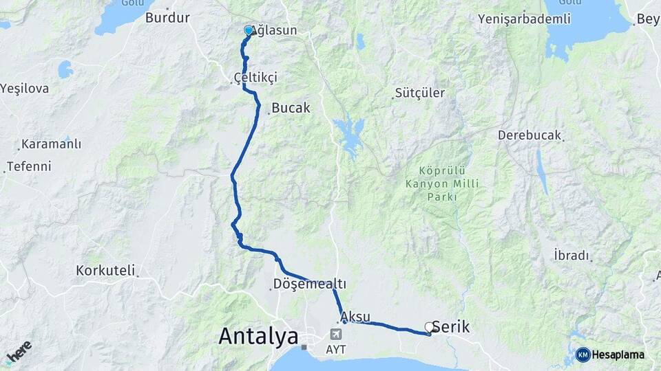 Burdur Ağlasun Serik Antalya Arası Kaç Km - Yol Haritası