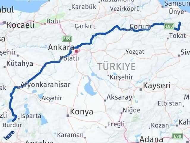 Burdur Akkuş Ordu Arası Kaç Km - Yol Haritası