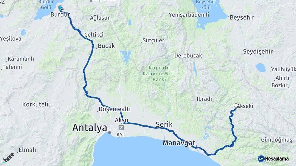 Burdur Akseki Antalya Arası Kaç Km - Yol Haritası