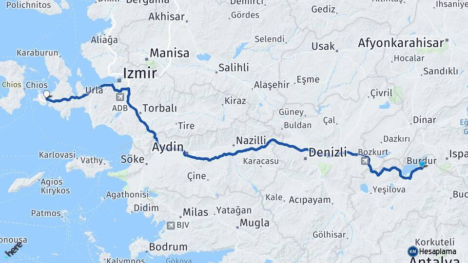 Burdur Alaçatı Çeşme İzmir Arası Kaç Km - Yol Haritası