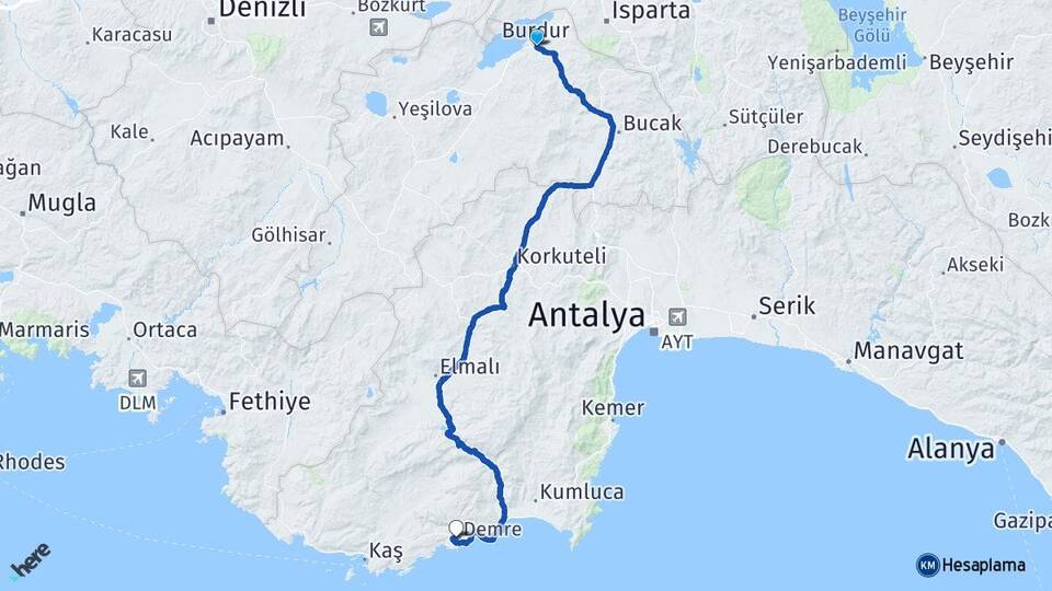 Burdur Alakent Demre Antalya Arası Kaç Km - Yol Haritası